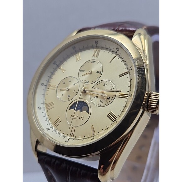 Relic ZR15559 Gold Tone Multifunction Moonphase Quartz Leather Watch New Battery - Picture 4 of 13